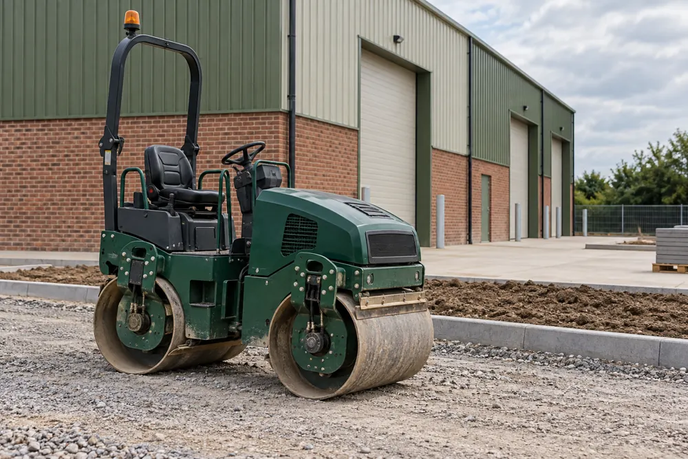 Tandem roller parked beside a commercial yard construction area
