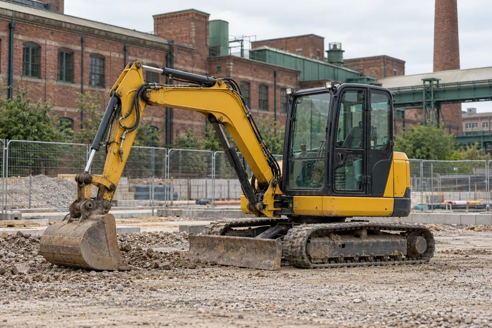 Compact tracked excavator parked with its bucket lowered on a commercial site