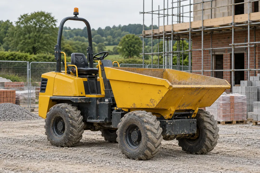 Parked site dumper with its skip lowered on a level construction route