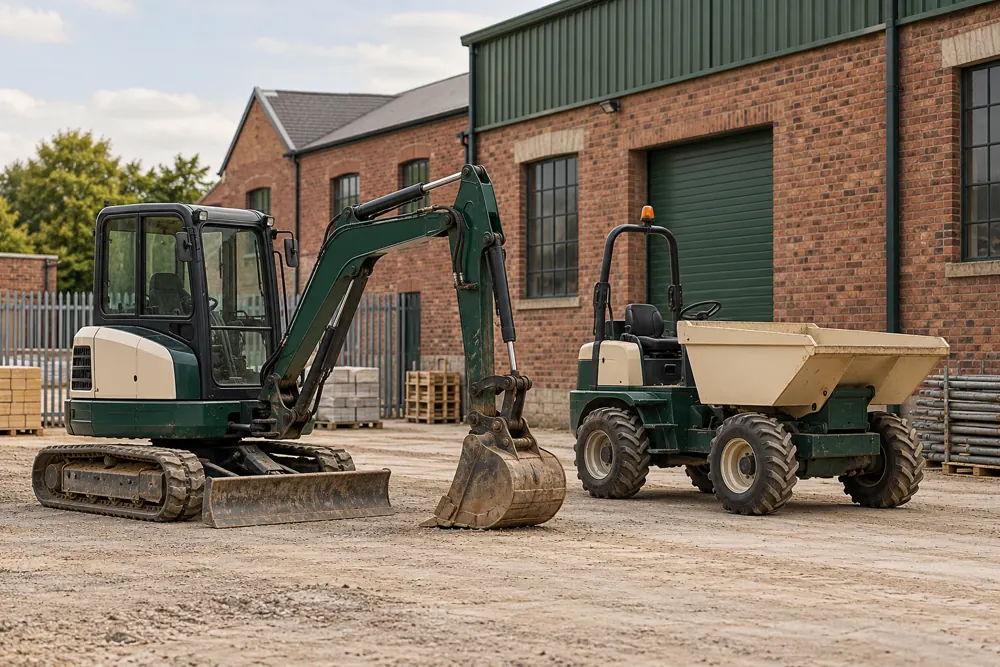Parked excavator and site dumper beside a commercial construction area