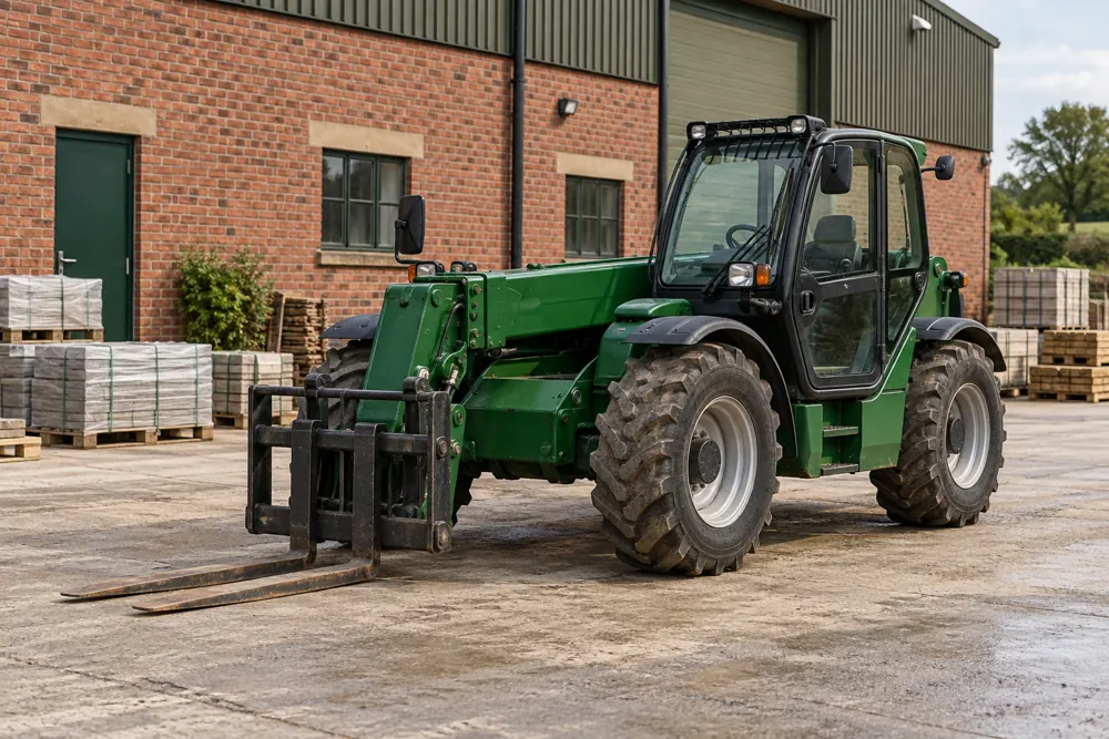 Telehandler parked in a builders yard with its boom and forks lowered
